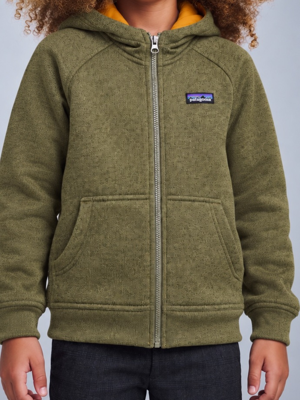 Patagonia Kids Olive Green Zip Hoodie with Orange Hood Lining